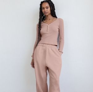 TNA Aritzia Waffle Knit Henley Quarter Button Pink